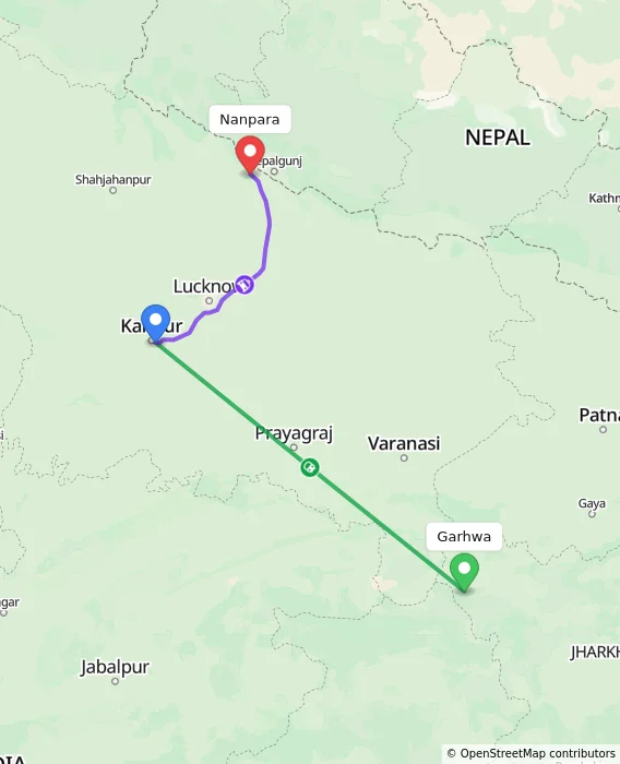 Route map showing distance and travel time from Garhwa, India to Nanpara, India