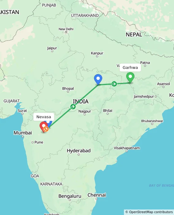 Route map showing distance and travel time from Garhwa, India to Nevasa, India