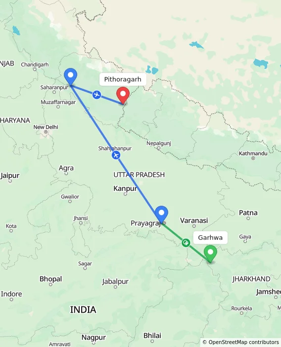 Route map showing distance and travel time from Garhwa, India to Pithoragarh, India