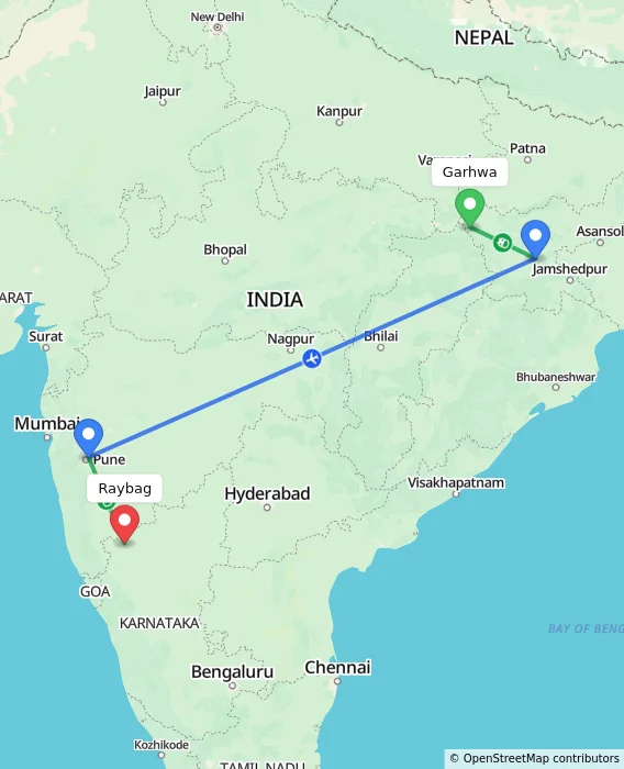 Route map showing distance and travel time from Garhwa, India to Raybag, India
