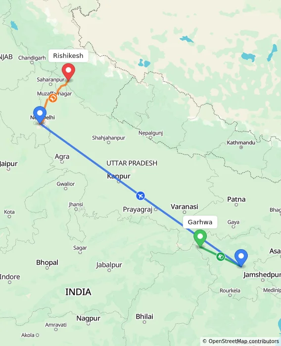 Route map showing distance and travel time from Garhwa, India to Rishikesh, India