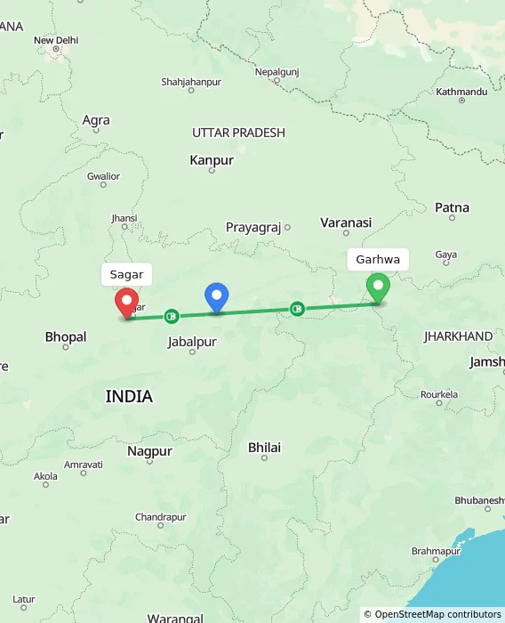 Route map showing distance and travel time from Garhwa, India to Sagar, India