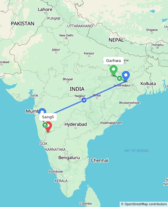 Route map showing distance and travel time from Garhwa, India to Sangli, India