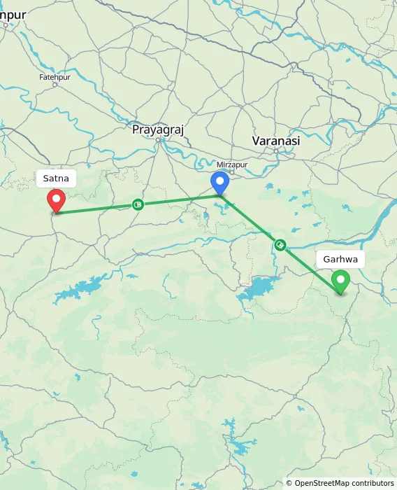 Route map showing distance and travel time from Garhwa, India to Satna, India