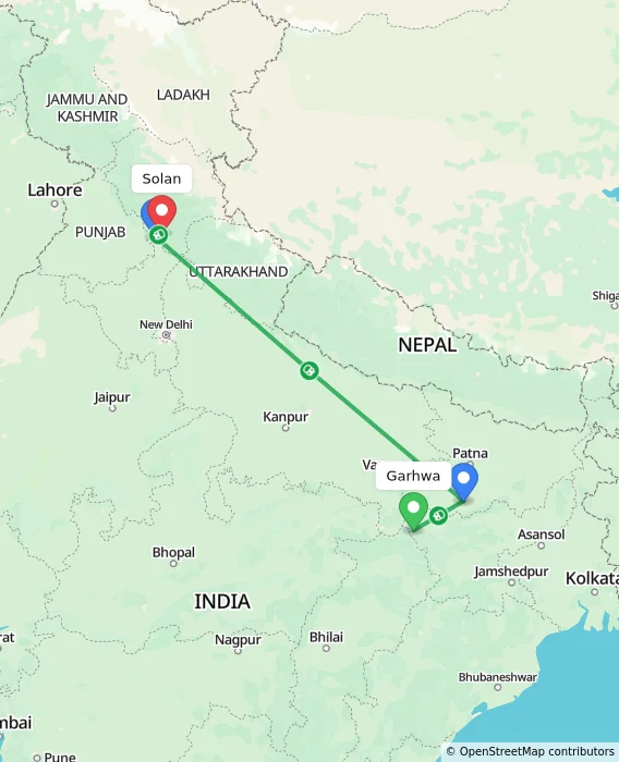 Route map showing distance and travel time from Garhwa, India to Solan, India