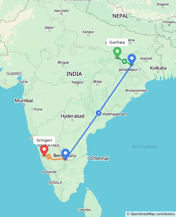 Route map showing distance and travel time from Garhwa, India to Sringeri, India