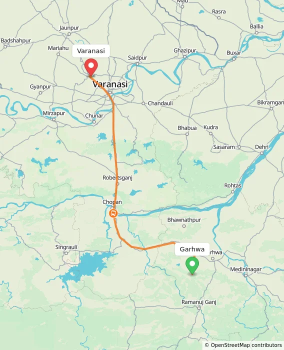 Route map showing distance and travel time from Garhwa, India to Varanasi, India