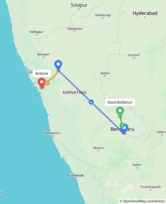 Route map showing distance and travel time from Gauribidanur, India to Ankola, India