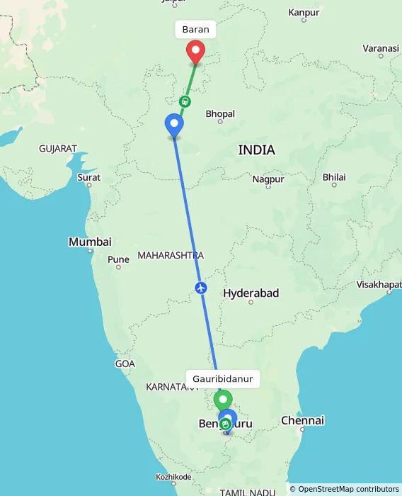 Route map showing distance and travel time from Gauribidanur, India to Baran, India