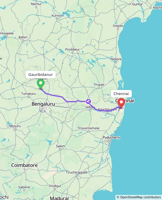 Route map showing distance and travel time from Gauribidanur, India to Chennai, India