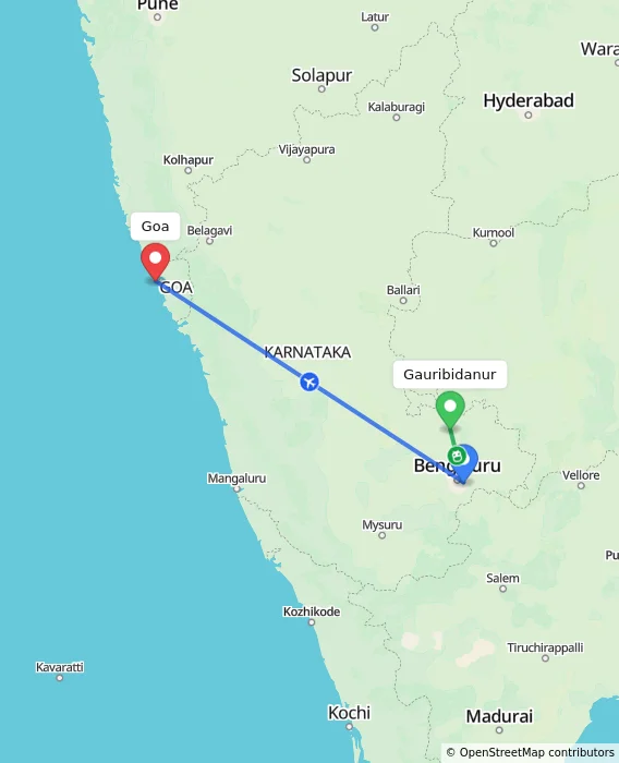 Route map showing distance and travel time from Gauribidanur, India to Goa, India