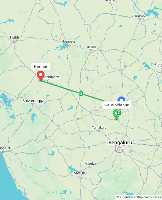 Route map showing distance and travel time from Gauribidanur, India to Harihar, India