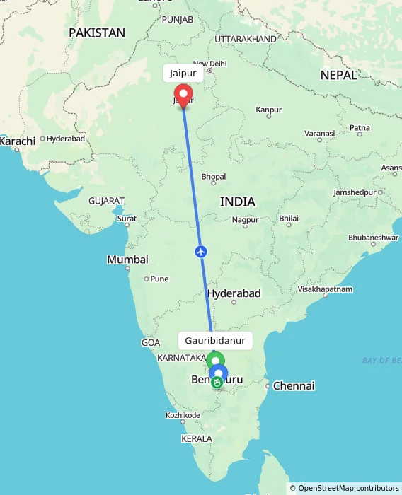 Route map showing distance and travel time from Gauribidanur, India to Jaipur, India