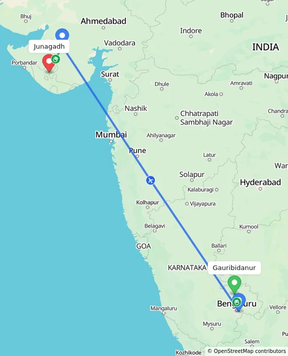 Route map showing distance and travel time from Gauribidanur, India to Junagadh, India