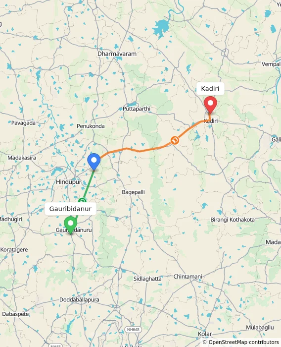 Route map showing distance and travel time from Gauribidanur, India to Kadiri, India