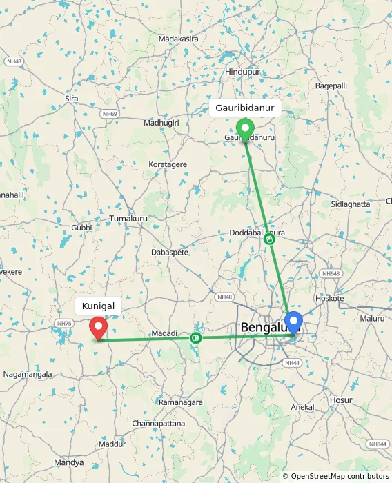Route map showing distance and travel time from Gauribidanur, India to Kunigal, India