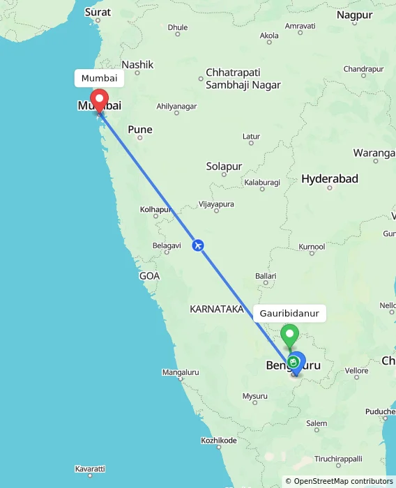 Route map showing distance and travel time from Gauribidanur, India to Mumbai, India