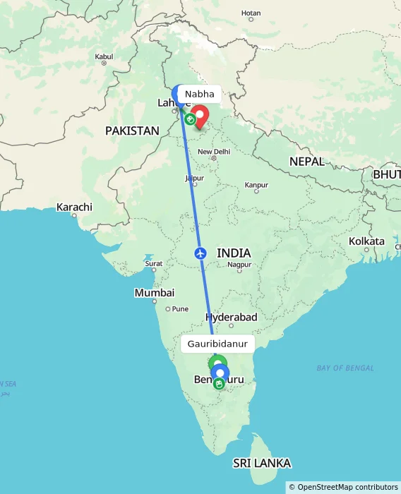 Route map showing distance and travel time from Gauribidanur, India to Nabha, India