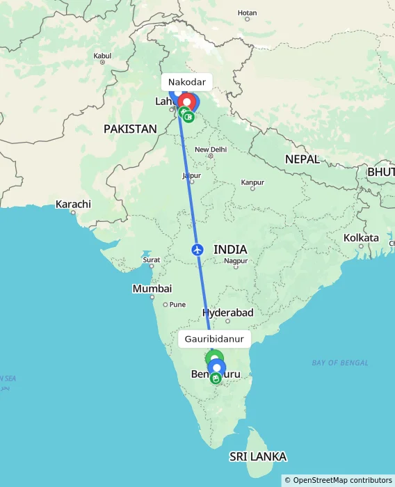 Route map showing distance and travel time from Gauribidanur, India to Nakodar, India