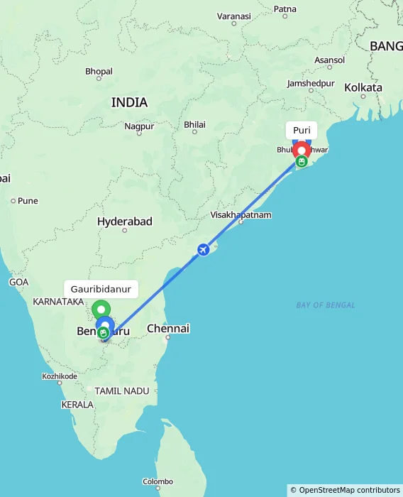 Route map showing distance and travel time from Gauribidanur, India to Puri, India