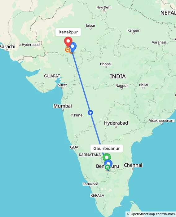 Route map showing distance and travel time from Gauribidanur, India to Ranakpur, India