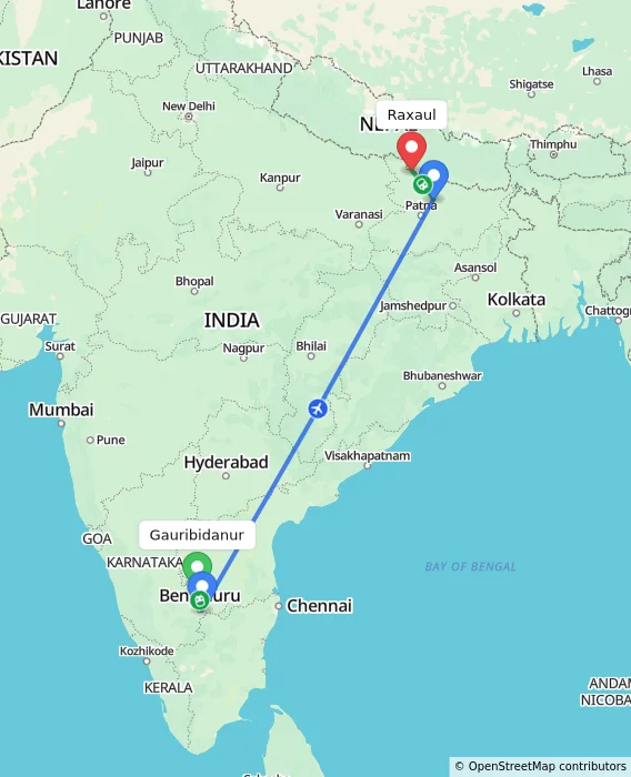 Route map showing distance and travel time from Gauribidanur, India to Raxaul, India