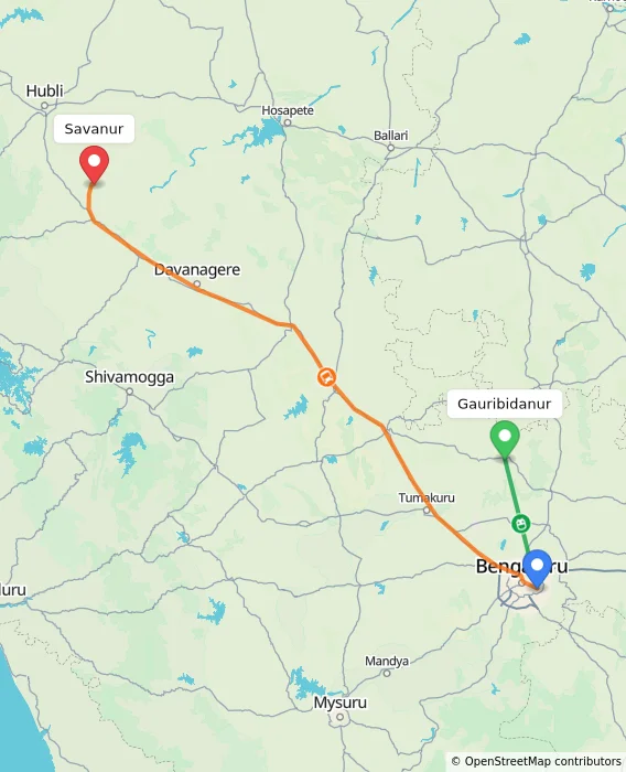 Route map showing distance and travel time from Gauribidanur, India to Savanur, India