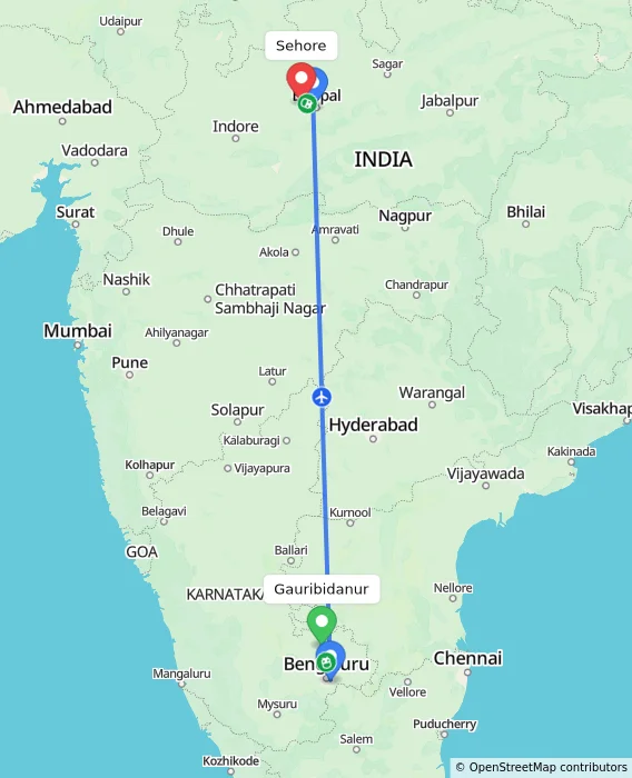 Route map showing distance and travel time from Gauribidanur, India to Sehore, India
