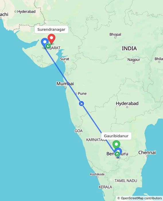 Route map showing distance and travel time from Gauribidanur, India to Surendranagar, India