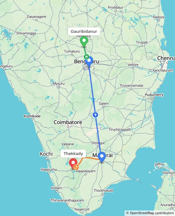 Route map showing distance and travel time from Gauribidanur, India to Thekkady, India