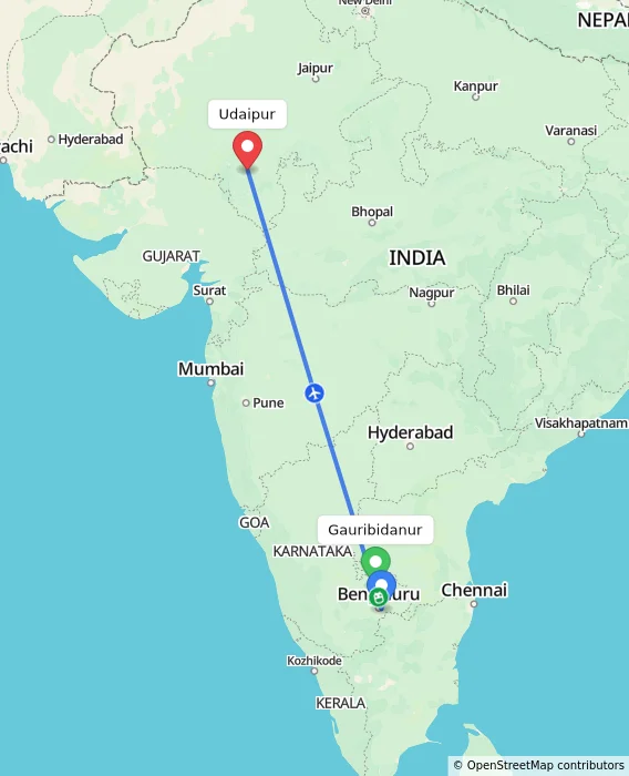 Route map showing distance and travel time from Gauribidanur, India to Udaipur, India