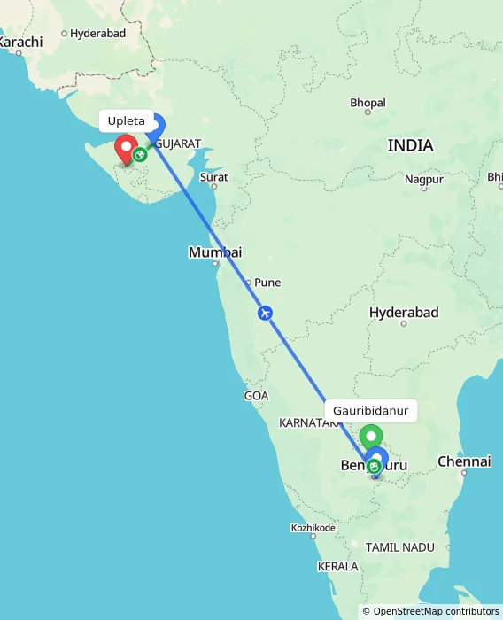 Route map showing distance and travel time from Gauribidanur, India to Upleta, India
