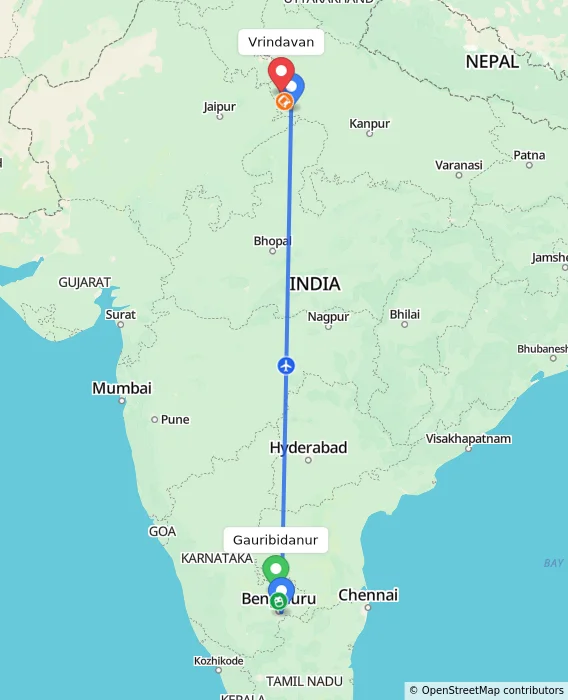 Route map showing distance and travel time from Gauribidanur, India to Vrindavan, India