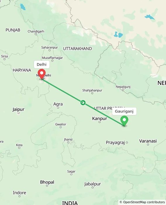 Route map showing distance and travel time from Gauriganj, India to Delhi, India