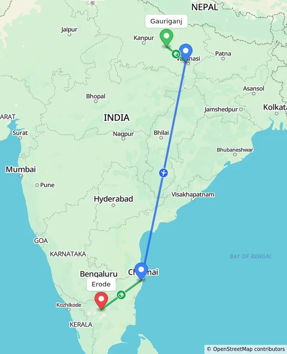 Route map showing distance and travel time from Gauriganj, India to Erode, India