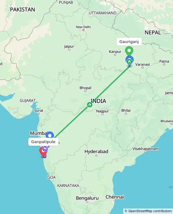 Route map showing distance and travel time from Gauriganj, India to Ganpatipule, India