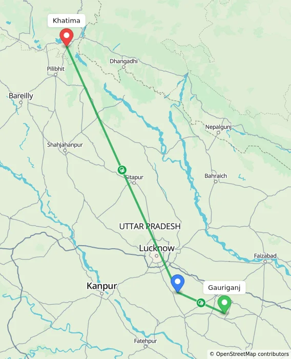 Route map showing distance and travel time from Gauriganj, India to Khatima, India