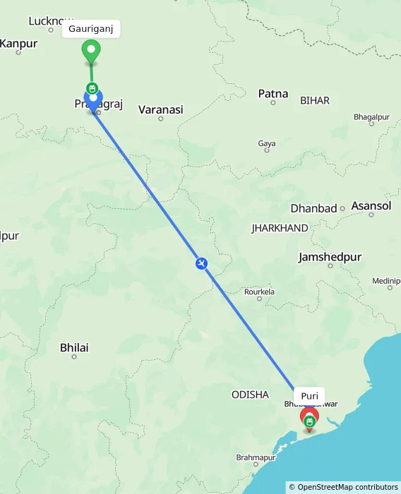 Route map showing distance and travel time from Gauriganj, India to Puri, India