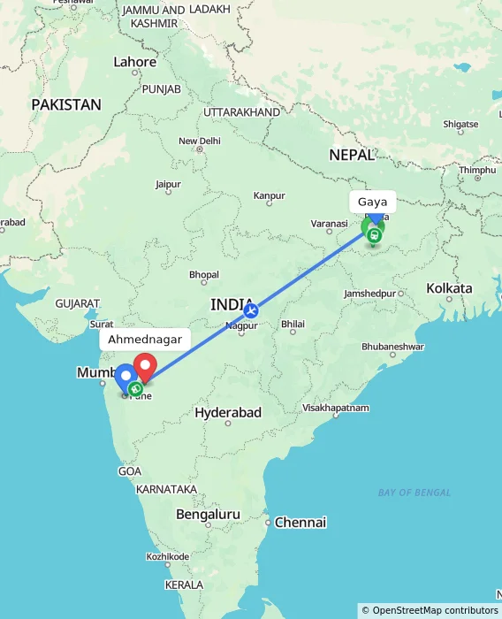 Route map showing distance and travel time from Gaya, India to Ahmednagar, India