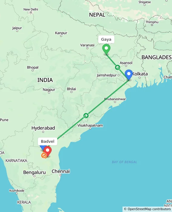 Route map showing distance and travel time from Gaya, India to Badvel, India