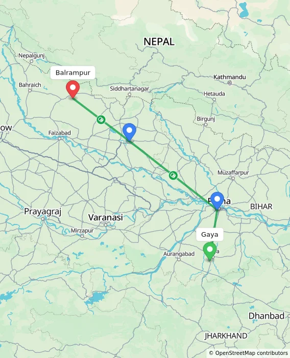 Route map showing distance and travel time from Gaya, India to Balrampur, India
