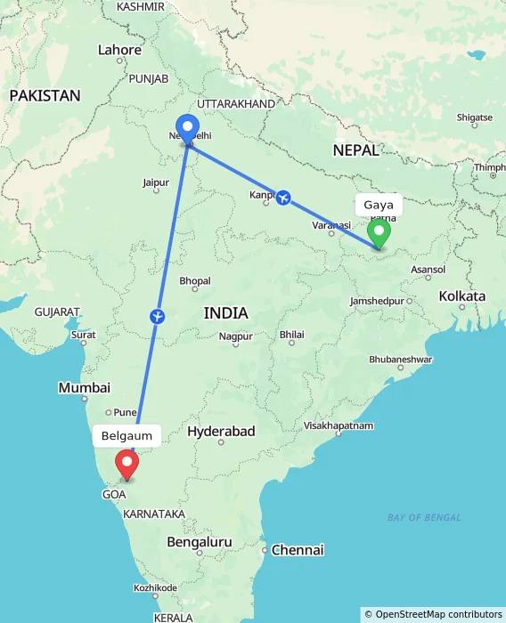 Route map showing distance and travel time from Gaya, India to Belgaum, India