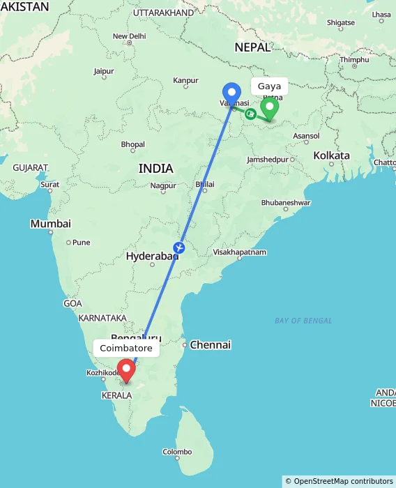 Route map showing distance and travel time from Gaya, India to Coimbatore, India