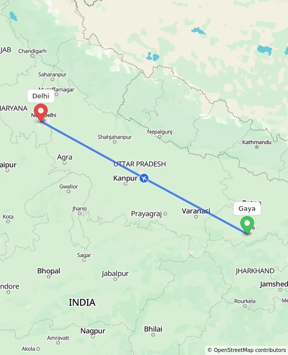 Route map showing distance and travel time from Gaya, India to Delhi, India