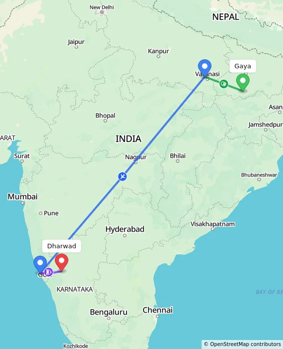 Route map showing distance and travel time from Gaya, India to Dharwad, India