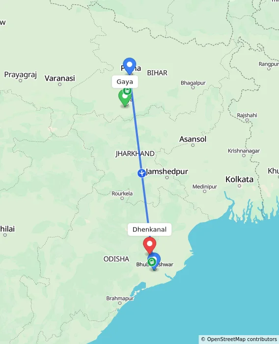 Route map showing distance and travel time from Gaya, India to Dhenkanal, India