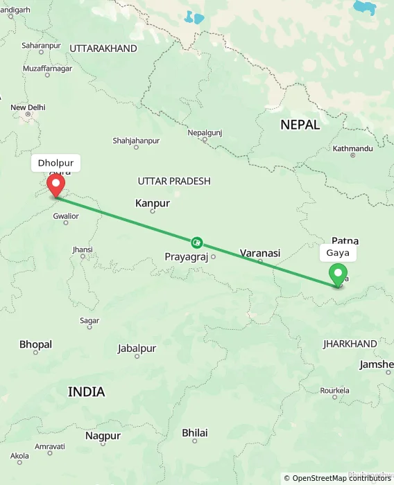Route map showing distance and travel time from Gaya, India to Dholpur, India