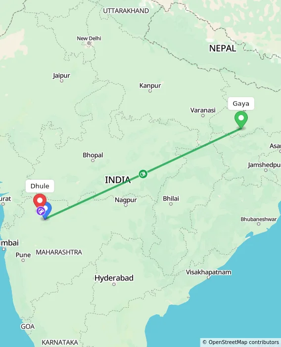 Route map showing distance and travel time from Gaya, India to Dhule, India