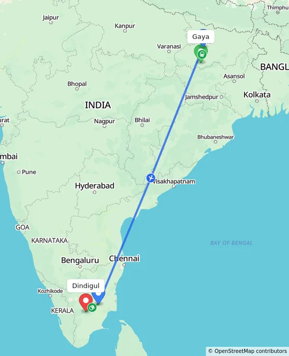 Route map showing distance and travel time from Gaya, India to Dindigul, India