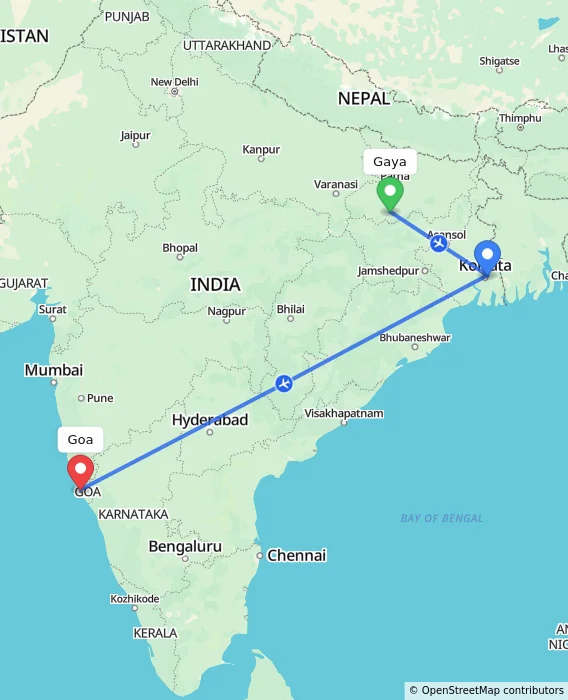 Route map showing distance and travel time from Gaya, India to Goa, India